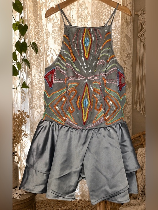 bebe Tops - Y2K Bebe Beaded Mesh Satin Babydoll Peplum Cami Top Gray XXS